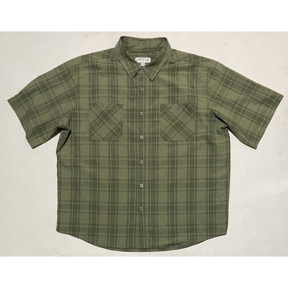 Orvis Mens Size XXL Short Sleeve Woven Shirt Button Up Plaid Green Pockete